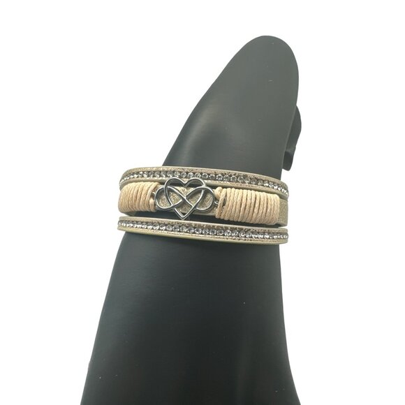 Rose Gold Leather Rhinestone Encrusted Wrap Bracelet Heart Charm Adjustable - Picture 2 of 5